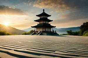 a pagoda sits on the sand in front of a mountain. AI-Generated photo