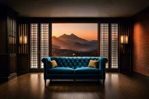 a blue couch in front of a window with mountains in the background. AI-Generated photo