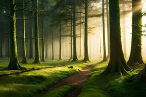 un camino mediante un bosque con arboles y césped. generado por ai foto