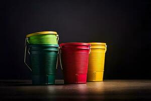 four colorful plastic cups on a dark background. AI-Generated photo