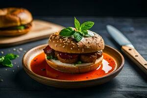 a hamburger with tomato sauce and herbs on a plate. AI-Generated photo