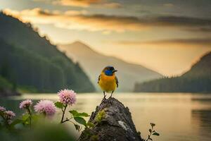 a bird sits on a log in front of a lake. AI-Generated photo