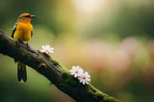 a small bird sits on a branch with flowers. AI-Generated photo