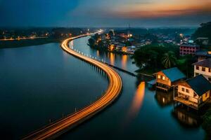 a long exposure photo of a river and houses at night. AI-Generated