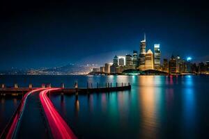 a long exposure photograph of the city skyline at night. AI-Generated photo