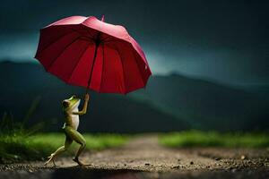 a frog is holding an umbrella in the rain. AI-Generated photo