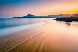 a long exposure photograph of the ocean and mountains at sunset. AI-Generated photo