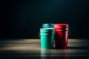 three colorful metal containers on a wooden table. AI-Generated photo