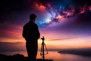 un hombre en pie en un montaña con un cámara y un telescopio. generado por ai foto