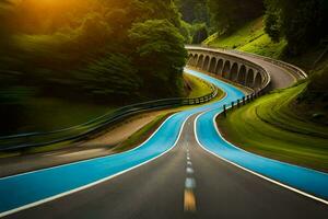 un la carretera con azul líneas y un túnel. generado por ai foto