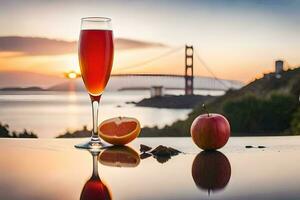 a glass of red wine and an apple on a table with a view of the golden gate bridge. AI-Generated photo