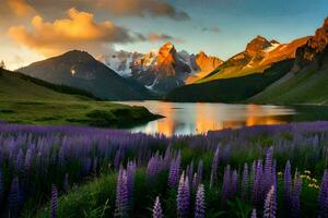 the mountains are covered with purple flowers and the sun is shining on the lake. AI-Generated photo