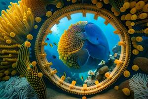 a blue and yellow fish in a circular window. AI-Generated photo