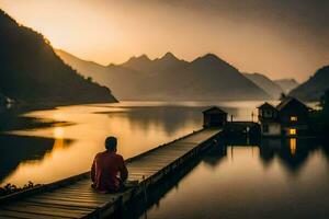 a man sitting on a dock looking at the mountains. AI-Generated photo