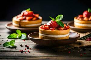 Tres mini pasteles con fresas y menta hojas. generado por ai foto