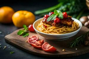 spaghetti with tomato sauce and herbs on a wooden board. AI-Generated photo