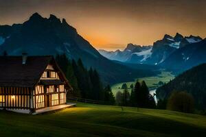 un casa en el montañas a puesta de sol. generado por ai foto