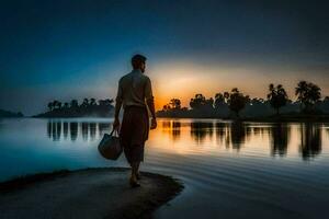 a man walking along the shore at sunset. AI-Generated photo