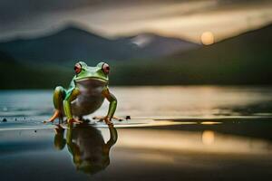 a frog is standing on the water with a mountain in the background. AI-Generated photo