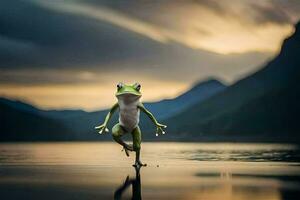 a frog standing on its hind legs in the water. AI-Generated photo