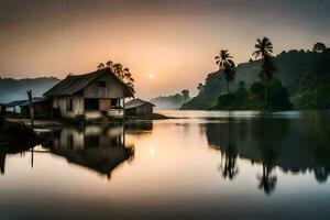 a house sits on the shore of a lake at sunset. AI-Generated photo