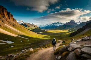 un hombre camina en un camino en el montañas. generado por ai foto