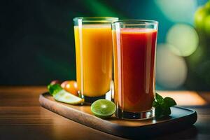 two glasses of juice on a wooden tray. AI-Generated photo