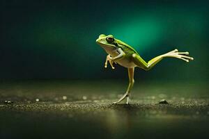 a frog is standing on its hind legs in the dark. AI-Generated photo