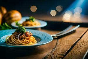 spaghetti with meatballs and bread on a wooden table. AI-Generated photo