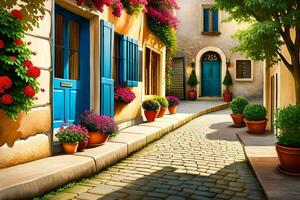 an illustration of a street with flowers and blue doors. AI-Generated photo