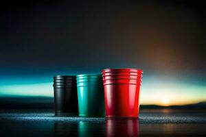 three red and green plastic cups on a table. AI-Generated photo