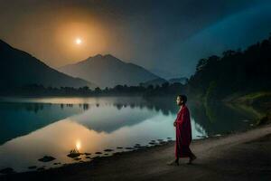 a woman in red robes walks along the shore of a lake at night. AI-Generated photo