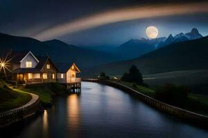 a house sits on the edge of a river with a full moon in the sky. AI-Generated photo