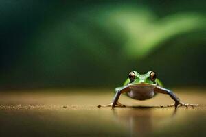 a frog is standing on the ground with a blurry background. AI-Generated photo