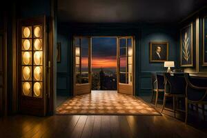 un habitación con un ver de el ciudad a puesta de sol. generado por ai foto