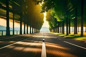 un largo la carretera con arboles recubrimiento él. generado por ai foto