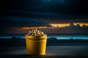 a bucket of peanuts on the beach at sunset. AI-Generated photo