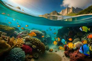 un hermosa submarino escena con coral arrecifes y pez. generado por ai foto