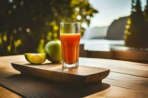 a glass of orange juice on a wooden table. AI-Generated photo