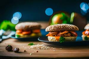 three hamburgers on black plates with sesame seeds. AI-Generated photo