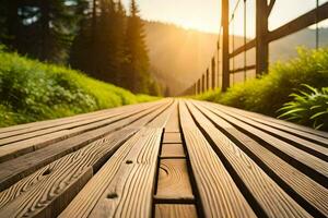a wooden walkway in the mountains with the sun shining. AI-Generated photo