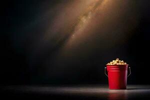 a red bucket filled with peanuts on a dark background. AI-Generated photo