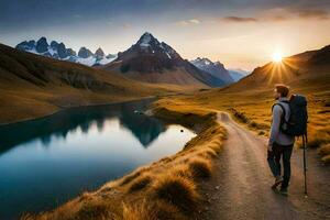 a man with a backpack walks along a path in the mountains. AI-Generated photo