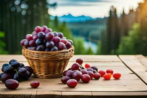 grapes in a basket on a table with a view of the mountains. AI-Generated photo