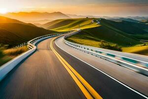 a highway with a winding road and mountains in the background. AI-Generated photo