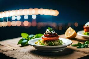 two plates with food on them in front of a city skyline. AI-Generated photo