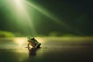 a frog sitting on the ground in front of a bright light. AI-Generated photo