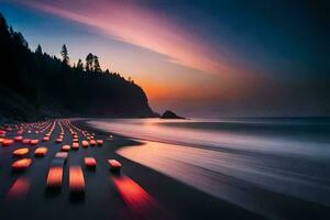 a long exposure photograph of a beach with lights on it. AI-Generated photo