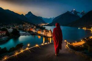 un mujer en un rojo túnica camina a lo largo un camino con vista a un lago y montañas. generado por ai foto