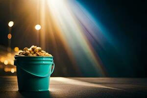 a bucket of popcorn on a table. AI-Generated photo